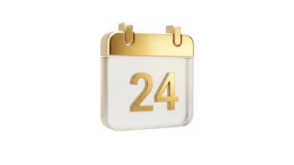 Frosted gold tinted glassmorphism calendar date icon floating isolated on a clean white background for modern app UI design with soft light reflections.