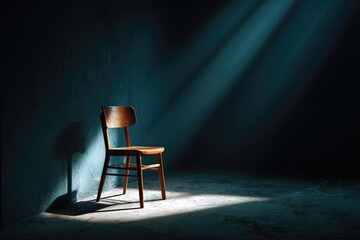 A minimal dark room featuring one chair illuminated by minimal, soft light