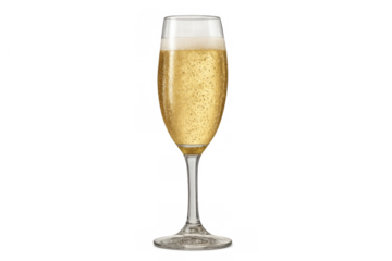 Flute glass holding sparkling beverage, golden liquid with bubbles, celebration drink, isolated transparent background
