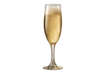 Champagne glass flute filled with sparkling golden wine and rising bubbles, capturing the effervescence of a festive celebration
