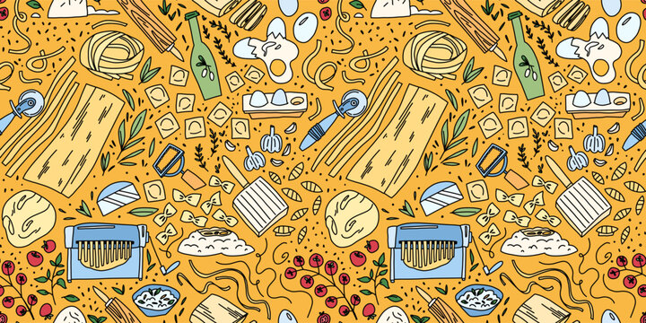 Seamless hand drawn pattern featuring pasta making elements. The illustration includes dough, flour, eggs, rolling pin, pasta machine, spaghetti, ravioli, tomatoes, herbs and olive oil.