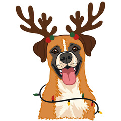 Christmas Boxer Dog with Reindeer Antlers and Holiday Lights on Transparent Background