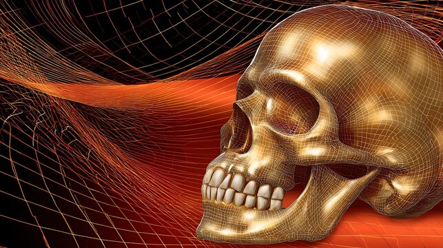 Golden skull rendered with detailed lines against a fiery, abstract, web-like background