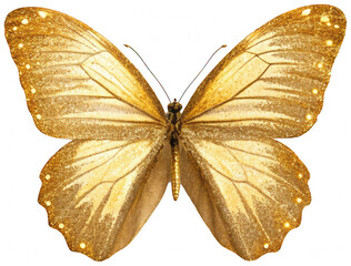 A shimmering, intricately detailed golden butterfly, rendered with a textured metallic finish and sparkling glitter accents, gracefully rests with its wings, isolated on transparent background.