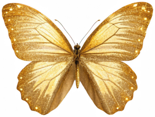 A shimmering, intricately detailed golden butterfly, rendered with a textured metallic finish and sparkling glitter accents, gracefully rests with its wings, isolated on transparent background.