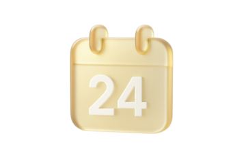 Frosted gold tinted glassmorphism calendar date icon floating isolated on a clean white background for modern app UI design with soft light reflections.