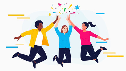 Three diverse people jumping in air celebrating success and achievement with confetti.