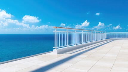 A sunlit oceanfront terrace with white railings stretches over blue sea beneath a bright sky inviting serenity