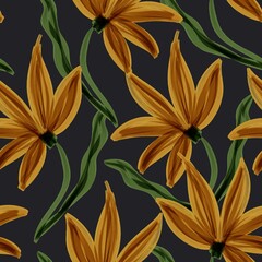 Seamless hand-painted floral pattern with stylized yellow flowers, green stems, and a black background, ideal for textiles, wallpapers, and surface design.