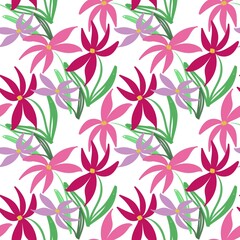 Seamless hand-drawn floral pattern with stylized pink and magenta flowers, green leaves, and a clean white background, perfect for textiles and wallpapers.