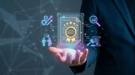 Businessman presenting certified quality standards in a modern digital workspace
