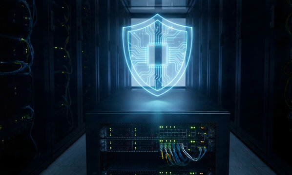 digital shield icon hovering over a dark server rack in a data center, visualizing data protection - Powered by Adobe