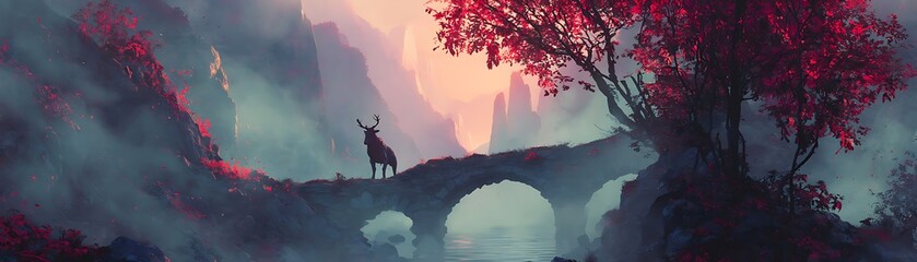Majestic stag stands upon an ancient stone bridge amidst a misty, richly colored fantasy landscape