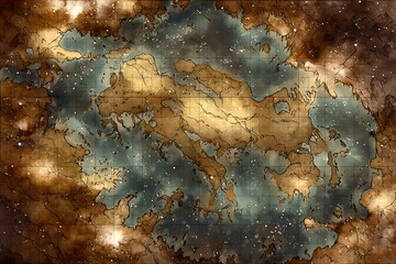 Fictional celestial navigation chart depicts landmasses scattered across a luminous star field