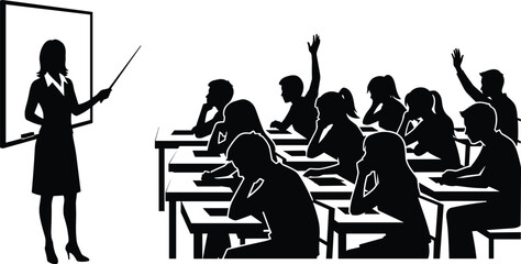 Teacher teaching students in classroom silhouette education concept with raised hands learning knowledge school lesson training academic environment black white illustration back to school