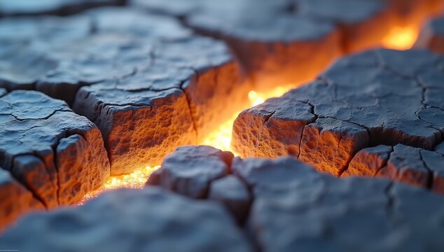 Closeup of cracked dark grey earth or stone slabs with bright orangeyellow light glowing from deep fissures