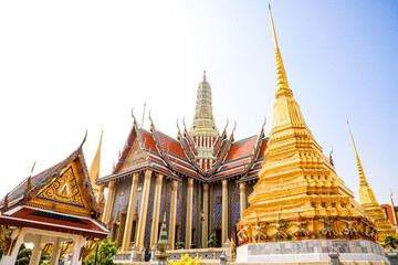 Fototapeta premium Wat Phra Kaew or Wat Phra Sri Rattana Satsadaram is temple used for various royal ceremonies during reign of King Rama I. It is temple within the Grand Palace. Inside temple is the Emerald Buddha.
