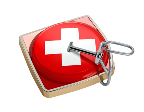 A glossy red button with a white cross, secured by a pin in a base. - Powered by Adobe