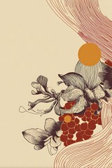 Stylized botanical illustration featuring layered floral elements and abstract lines on a neutral background