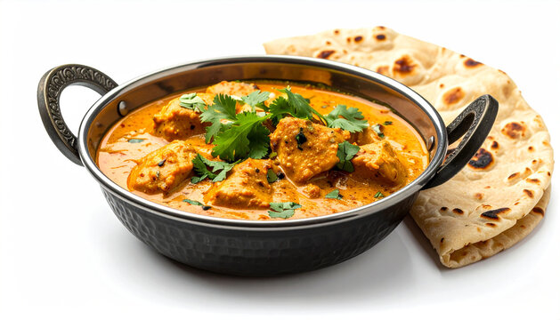 Indian Chicken Korma with Roti on White Background