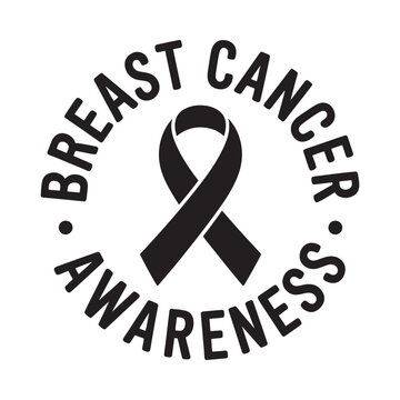 A black ribbon encircled by text promoting breast cancer awareness visually