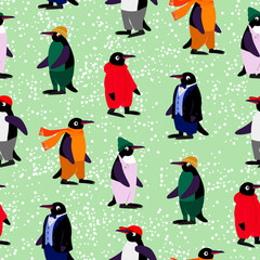 Vector - Pinguins seamless pattern, colorful dressed.