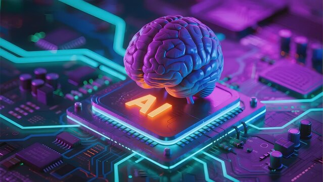 A digital brain rests atop a glowing AI chip embedded in a circuit board, symbolizing artificial intelligence and neural computing.