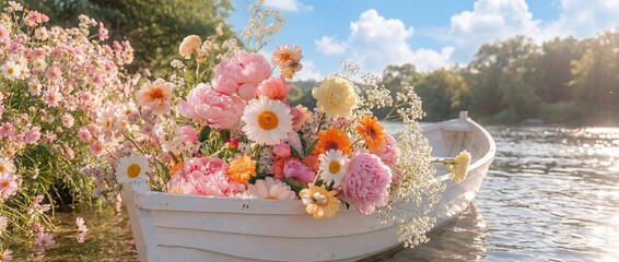 Obraz premium A quaint boat overflowing with vibrant flowers gently floats on a serene lake, a whimsical scene filled with beauty and tranquility.