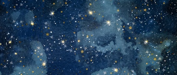 Fototapeta premium A captivating watercolor depicts a mesmerizing star-studded cosmos, with glimmering celestial bodies set against deep shades of blue. 