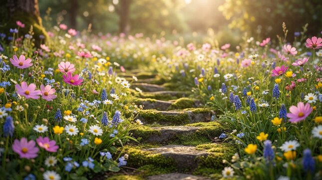 A whimsical stone steps path weaves through a vibrant wildflower meadow in the soft glow of sunlight. Each step invites a journey into a scene of serenity.