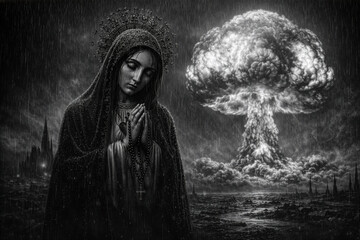 Virgin Mary Praying the Rosary in a Dark Symbolic Landscape with Mushroom Cloud, Black and White 