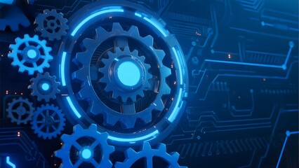 Digital gear mechanism with glowing blue circuitry and mechanical components