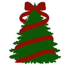 Classic Christmas Tree with Red Ribbon and Bow Decoration on Transparent Background