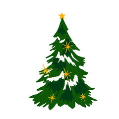 Christmas Tree with Snowy Branches and Golden Star Decorations on Transparent Background