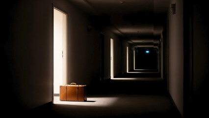 Suitcase placed in hotel corridor with illuminated doors in darkness  