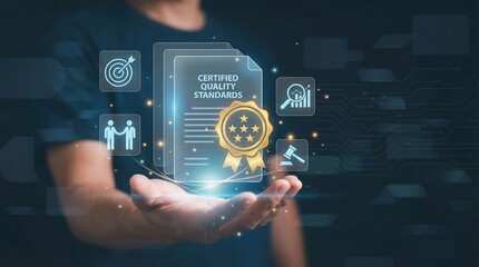 Person presenting certified quality standards in a modern digital context