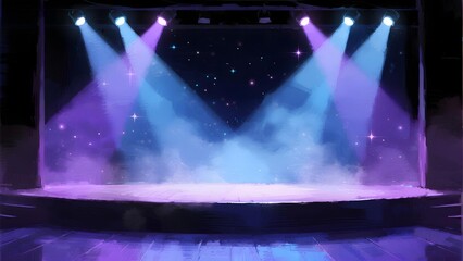 Empty stage illuminated by colorful spotlights with purple and blue lighting, smoke effects, and starry background