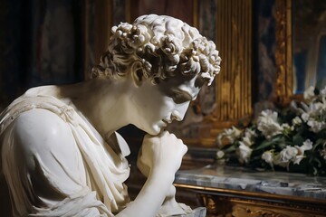 Classical marble sculpture depicts a thoughtful figure resting chin upon hand indoors