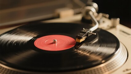 A vinyl record spins gently on a turntable; the stylus touches the grooves, and the warm tone creates a relaxed texture of retro music.