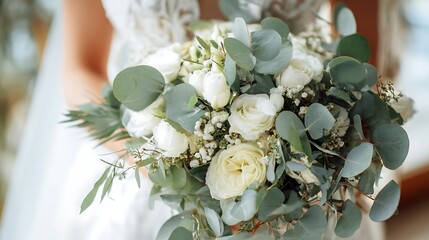 Bride holds detailed bouquet composed of white roses and assorted greenery