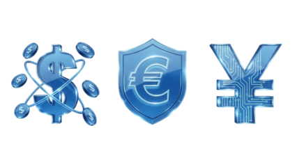 Futuristic transparent blue glass finance icon set featuring floating money symbols and secure shield elements on clean white background