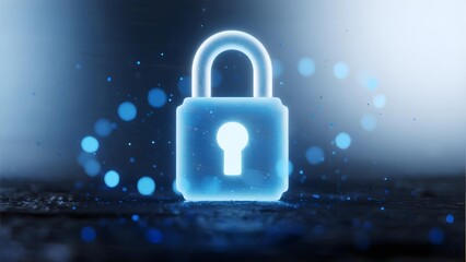 Glowing digital padlock symbolizing cybersecurity and data protection against a dark, bokeh-lit background