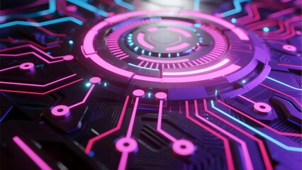 Futuristic circuit board with glowing neon pathways and central digital interface