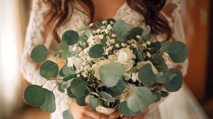 Person clad in white lace garment holds beautiful arrangement of white blossoms and green foliage