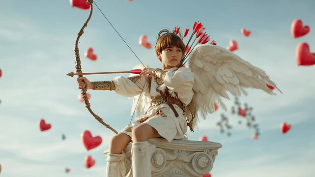 4k video of a cupid shooting a love arrow. Concept of Happy Valentine's Day.