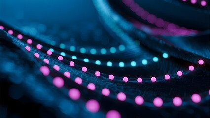 Abstract digital wave pattern with glowing pink and blue dots on a dark background