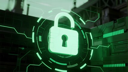 Digital lock icon illuminated in green on a futuristic circuit board background, symbolizing cybersecurity and data protection.