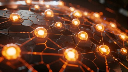 Illuminated hexagonal network with glowing nodes and interconnected lines on a dark background