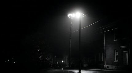 Bright street lamp illuminates a dark, possibly foggy, urban lane at night