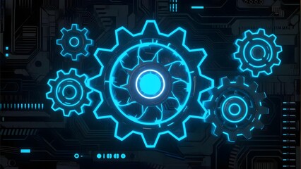 Digital circuitry with glowing blue gears and mechanical components on a dark technological background